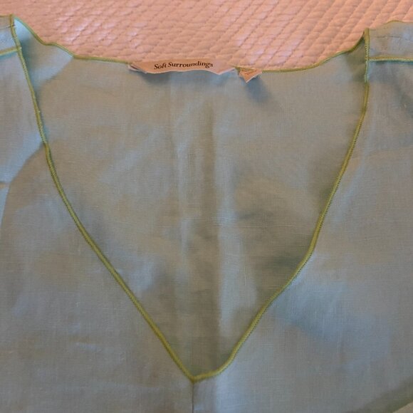 Soft Surroundings 100% Linen Canberra Tunic in turquoise w/ lime green trim - Picture 3 of 6